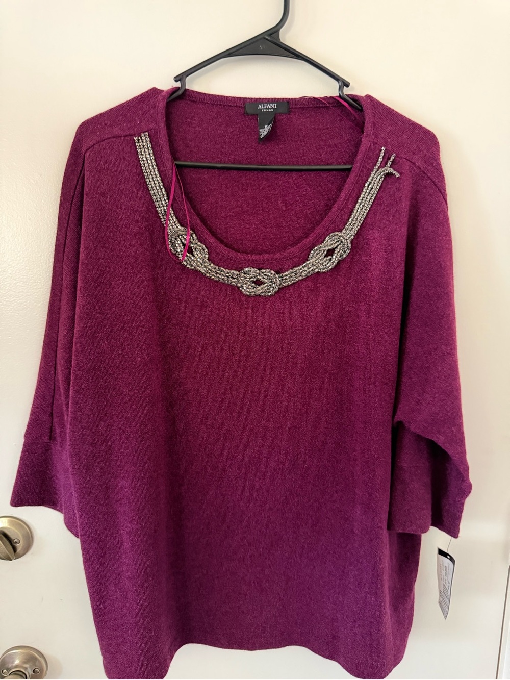 Alfani Women's Deep Plum Crewneck Sweater with Silver Beaded Detail